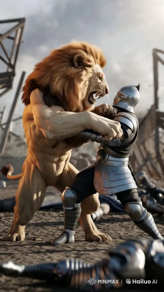 Lion Battles Armored Soldier Amidst Battlefield Ruins – AI Generated Video | Hailuo AI
