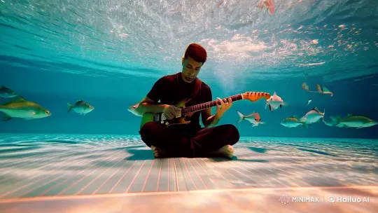 Underwater Guitarist with Synchronized Fish in Dreamscape – AI Generated Video | Hailuo AI