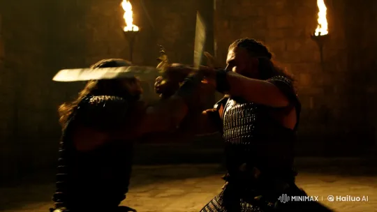Ancient Duel: Warriors Clash in Dramatic Sword Fight – AI Generated Video | Hailuo AI