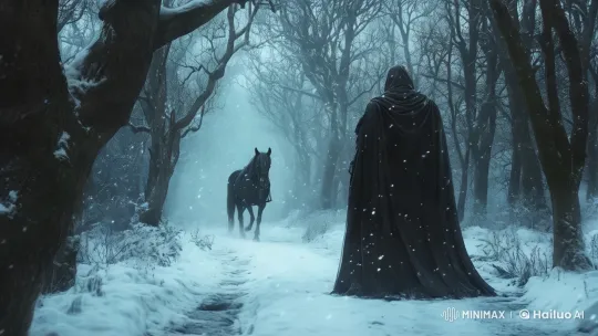 Mystical Horse Meets Cloaked Figure in Snowy Forest – AI Generated Video | Hailuo AI