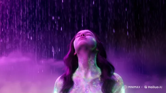 Radiant Purple Rain: Serene Young Woman in Dreamlike Mist – AI Generated Video | Hailuo AI