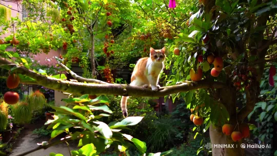 Cat Harvests Fruit in Serene Garden Scene – AI Generated Video | Hailuo AI