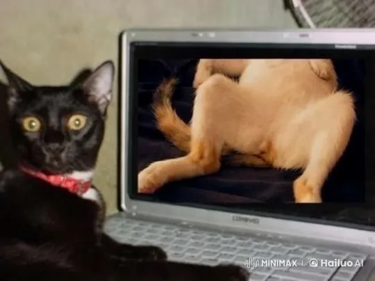 Curious Black Cat Interacts with Screen Cat – AI Generated Video | Hailuo AI