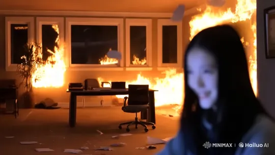 Person Calmly Typing Amidst Office Fire – AI Generated Video | Hailuo AI