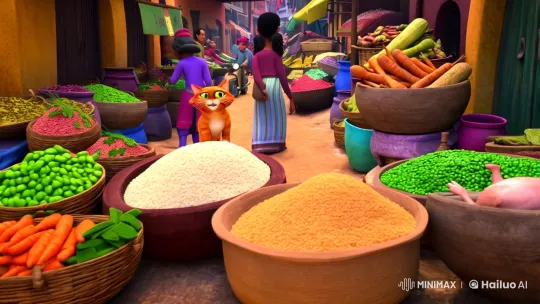 Orange Cat Shops in Bustling Market Alley – AI Generated Video | Hailuo AI