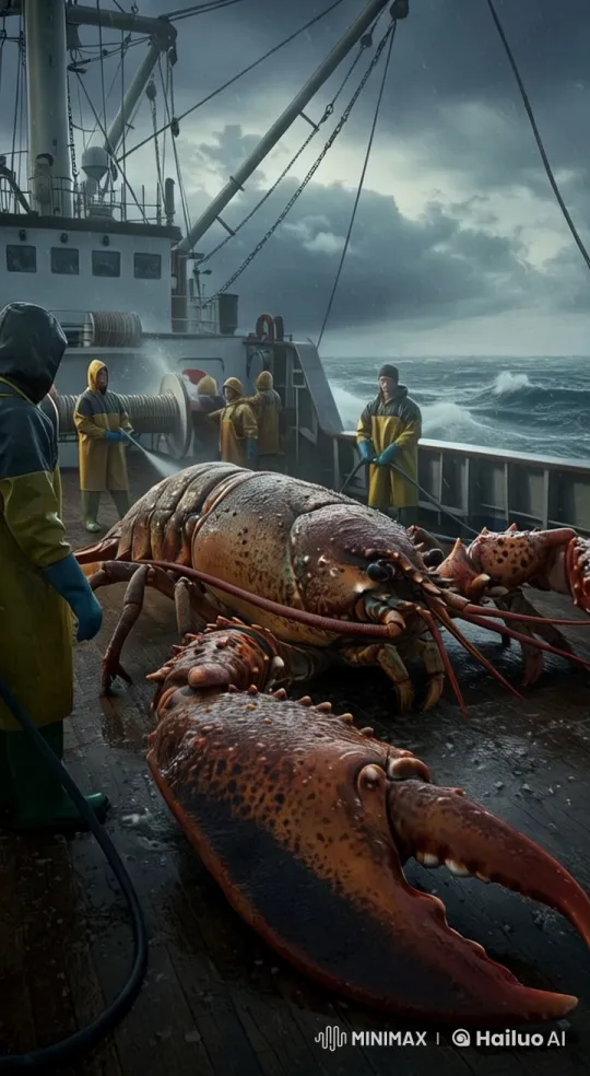 Colossal Lobster Aboard Stormy Fishing Trawler – AI Generated Video | Hailuo AI