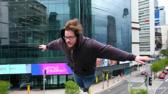 Early 30s Man Flies Over Cityscape in Dynamic Flight – AI Generated Video | Hailuo AI