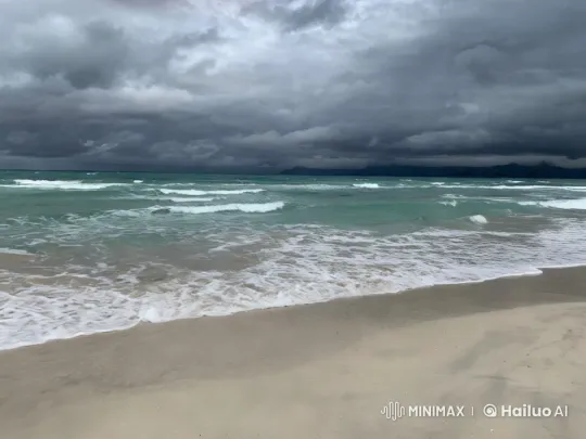 Dramatic Beach Landscape: Turquoise Waves and Stormy Skies – AI Generated Video | Hailuo AI