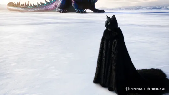 Majestic Cat Faces Iridescent Dragon on Snowy Battlefield – AI Generated Video | Hailuo AI