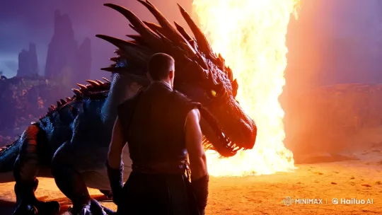 Man Slices Dragon's Head Amidst Fiery Confrontation – AI Generated Video | Hailuo AI