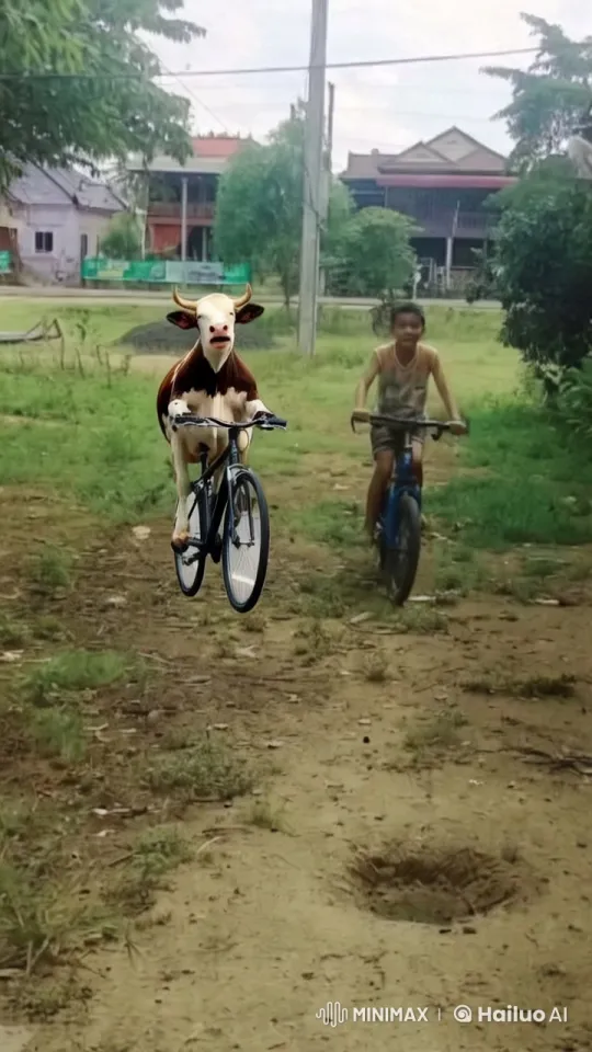 Boy and Cow Joyfully Bicycle in Rural Paradise – AI Generated Video | Hailuo AI