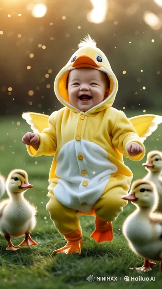 Baby in Duckling Costume Dancing Joyfully on Meadow – AI Generated Video | Hailuo AI