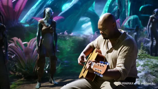 Bald Man Plays Guitar on Pandora, Enchants Indigenous Crowd – AI Generated Video | Hailuo AI