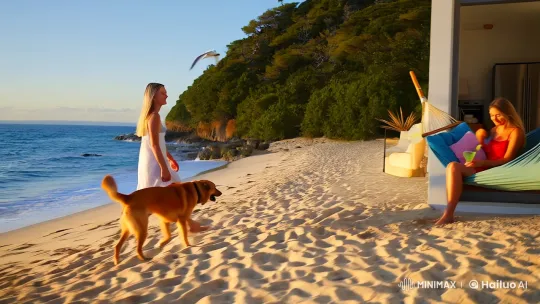 Beachfront Serenity: Woman, Dog, and Friends Enjoy Coastal Bliss – AI Generated Video | Hailuo AI