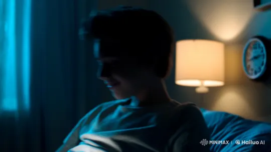 Teen's Nighttime Reflection on Mobile Light – AI Generated Video | Hailuo AI