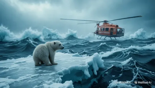 Rescue Mission for Polar Bear Cub in Arctic Storm – AI Generated Video | Hailuo AI