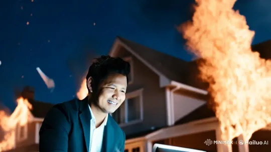Man Calmly Types Amid Office Inferno – AI Generated Video | Hailuo AI
