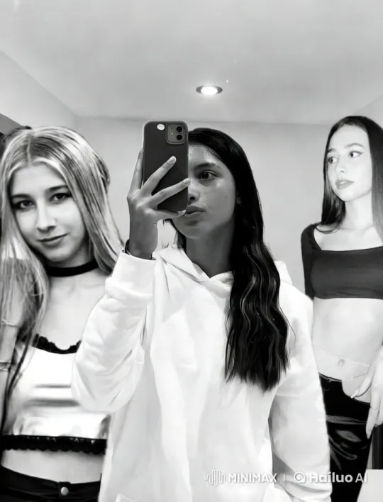 Three Women in Stylish Outfits Pose for a Mirror Selfie – AI Generated Video | Hailuo AI