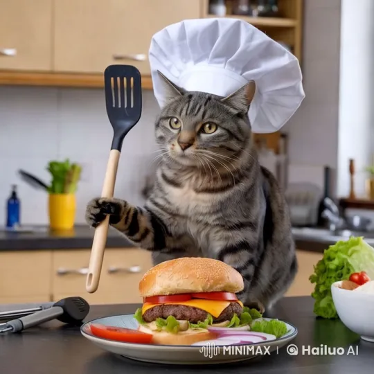 Cat Chef Prepares Burger in Modern Kitchen – AI Generated Video | Hailuo AI