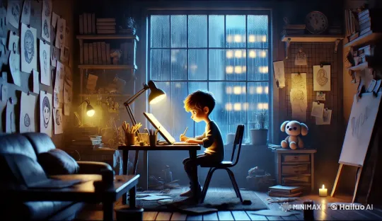 Young Artist's Cozy Night Study Session – AI Generated Video | Hailuo AI