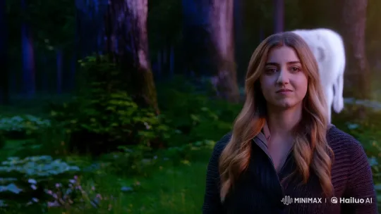 Woman and Majestic White Wolf in Twilight Forest – AI Generated Video | Hailuo AI
