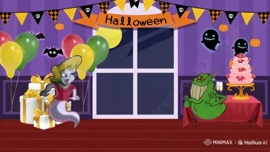 Halloween Party Scene with Distorted Face Character and Green Grinned Character – AI Generated Video | Hailuo AI