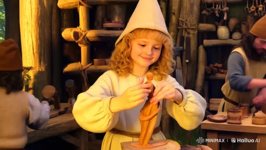 Young Girl Crafts in Rustic Woodland Workshop – AI Generated Video | Hailuo AI
