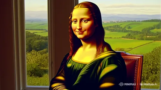 Mona Lisa: Captivating Smile Amidst Lush Landscape – AI Generated Video | Hailuo AI