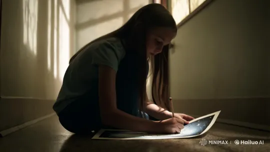 Girl Sketches Constellations in Atmospheric Hallway – AI Generated Video | Hailuo AI
