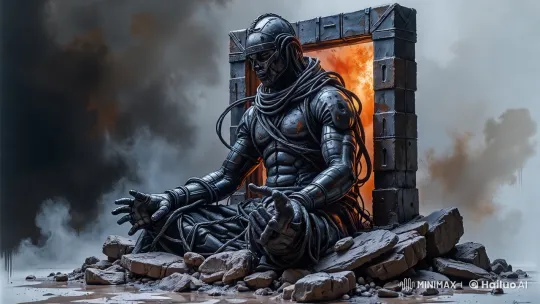 Meditative Figure Amidst Ruins and Flames – AI Generated Video | Hailuo AI