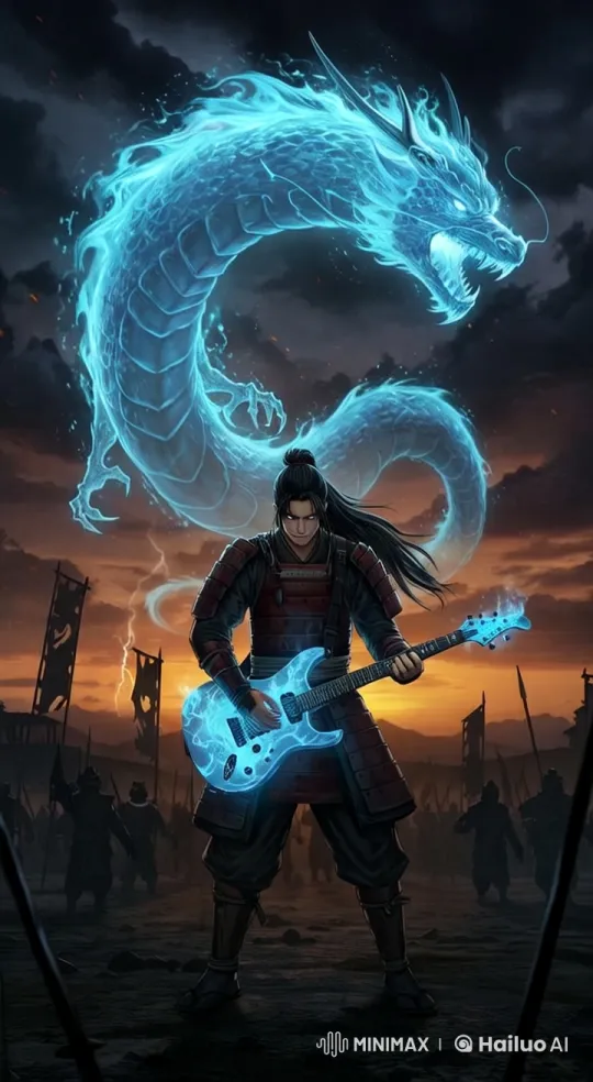 Samurai Warrior Plays Electric Guitar on Stormy Battlefield with Dragon – AI Generated Video | Hailuo AI
