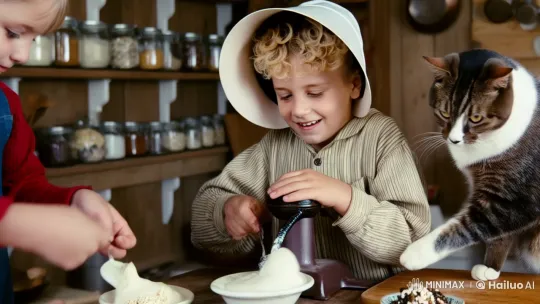 Boy Makes Ice Cream with Friends in Rustic Kitchen – AI Generated Video | Hailuo AI
