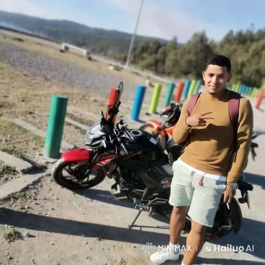 Young Man Showcases Motorcycles in Scenic Setting – AI Generated Video | Hailuo AI