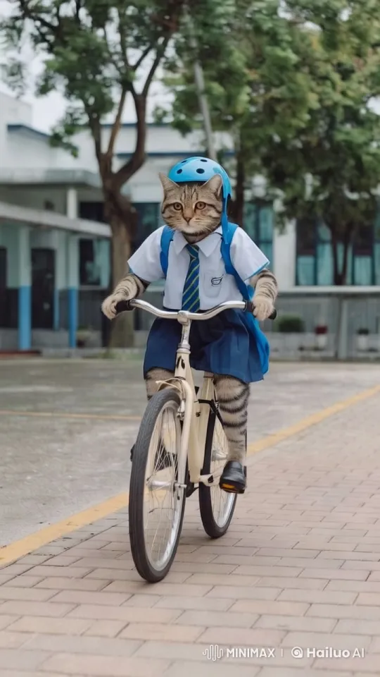 Cat in School Uniform Rides Bicycle – AI Generated Video | Hailuo AI