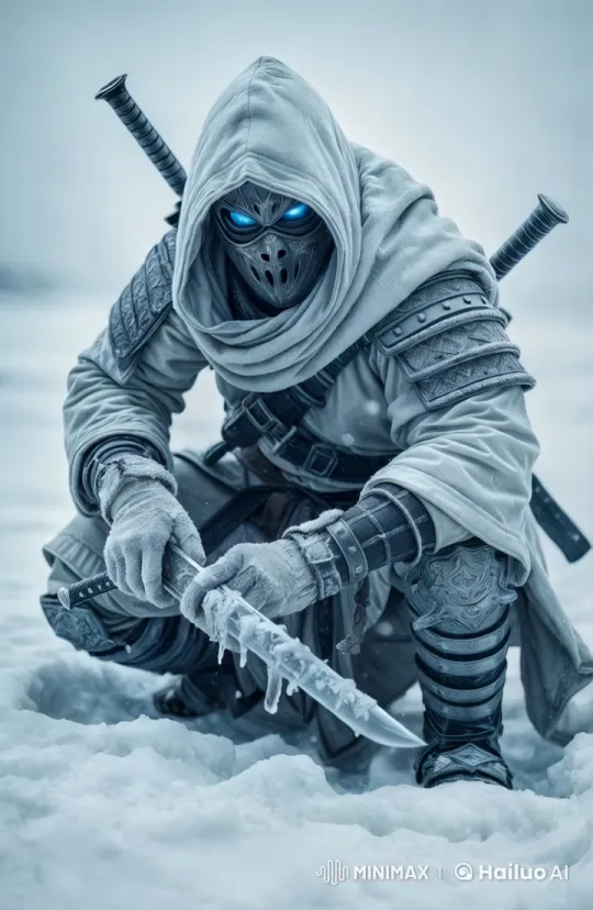 Masked Samurai Prepares for Battle in Snowy Landscape – AI Generated Video | Hailuo AI