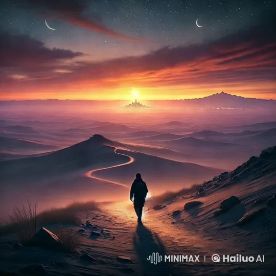 Desert Wanderer Approaching Illuminated City at Dusk – AI Generated Video | Hailuo AI