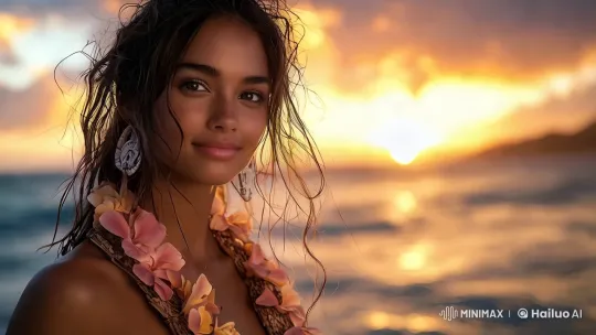 Polynesian Model Embraces Sunrise on Serene Shoreline – AI Generated Video | Hailuo AI