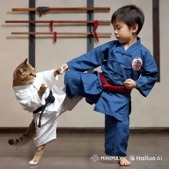 Child and Cat Engage in Playful Kungfu Match – AI Generated Video | Hailuo AI