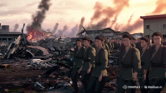 Anime Soldiers Advance Through a Haunting War Landscape – AI Generated Video | Hailuo AI