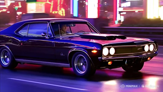 Vintage Muscle Car Drifts Through Neon-Lit Cityscape – AI Generated Video | Hailuo AI