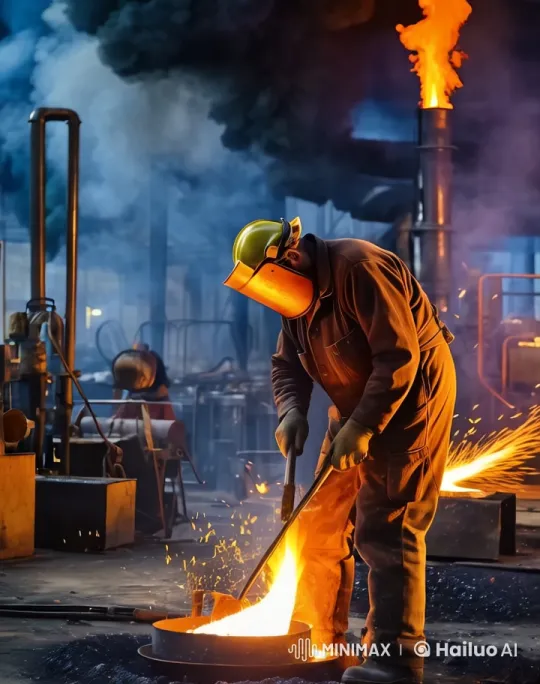 Metallurgical Factory Worker Handling Molten Metal – AI Generated Video | Hailuo AI