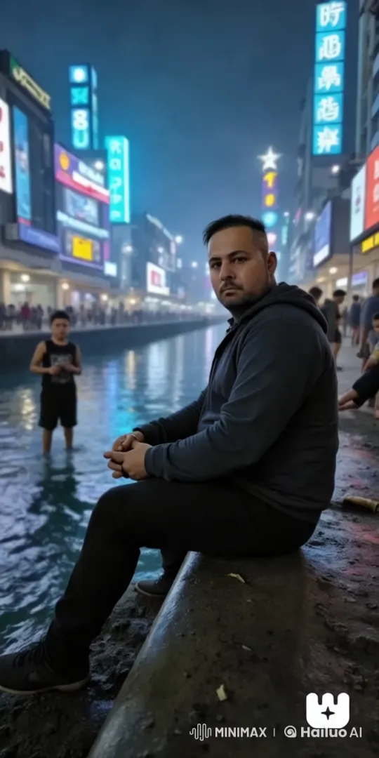 Urban Canal at Night: Man, Water, and Neon Reflections – AI Generated Video | Hailuo AI