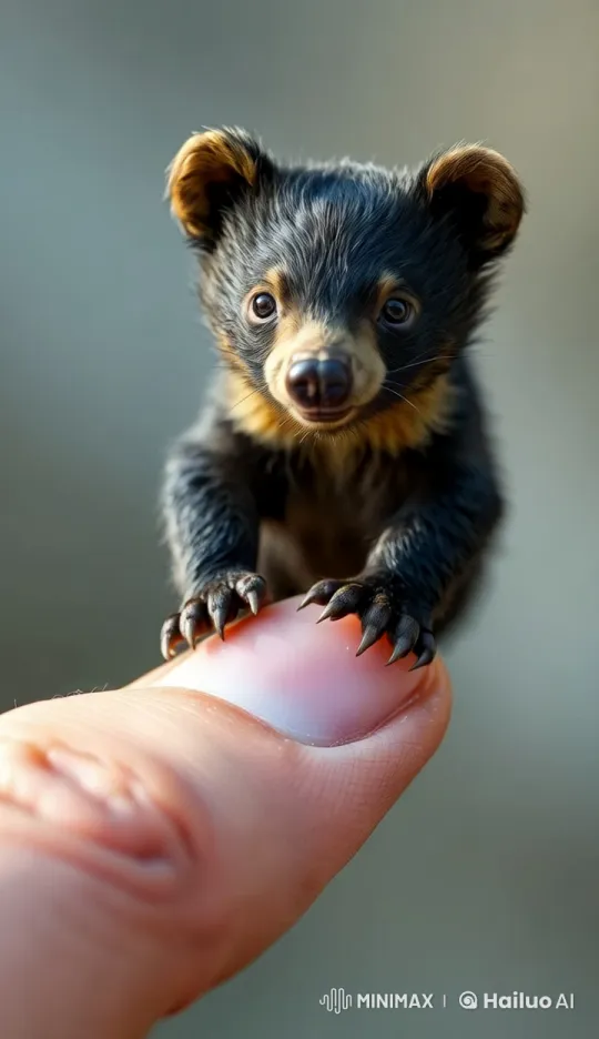 Tiny Bear Cub Cautiously Walks on Human Hand – AI Generated Video | Hailuo AI