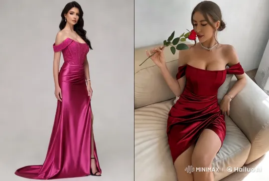 Two Women in Elegant Satin Dresses Share a Romantic Kiss – AI Generated Video | Hailuo AI