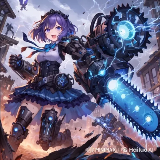 Armored Warrior Wields Electrified Chainsaw in Futuristic Battlefield – AI Generated Video | Hailuo AI