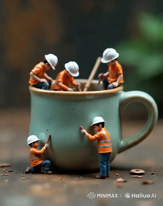 Miniature Workers in Oversized Mug: Aesthetic Short Film – AI Generated Video | Hailuo AI