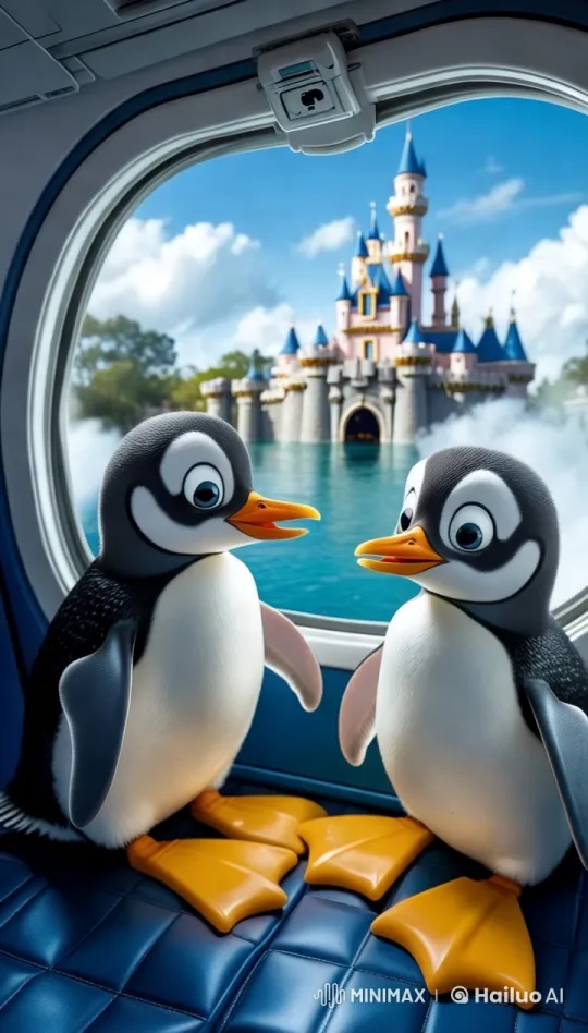 Penguins Glimpse Disneyland from Airplane Window – AI Generated Video | Hailuo AI