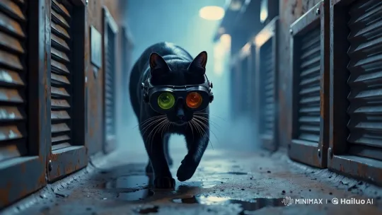 Futuristic Cat Navigates Industrial Corridor – AI Generated Video | Hailuo AI