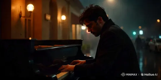 Pianist Plays Under Street Lights in Rainy Night – AI Generated Video | Hailuo AI