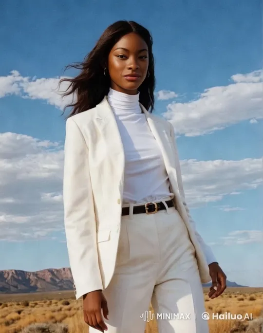 Woman in White Suit Poses in Desert Landscape – AI Generated Video | Hailuo AI